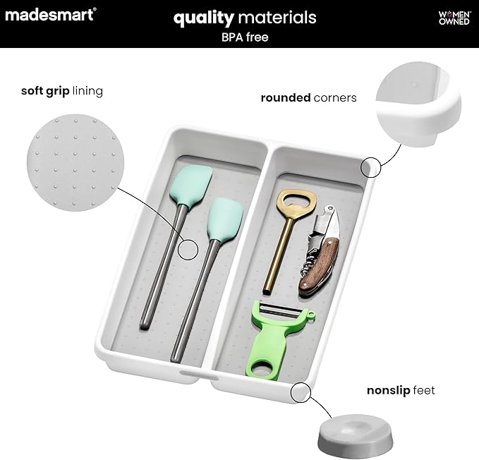 madesmart Premium Small Utensil Tray, Deep Storage for Ladles, Whisks & Serving Tools, Non Slip Lining, for Drawers & Home Organization, White