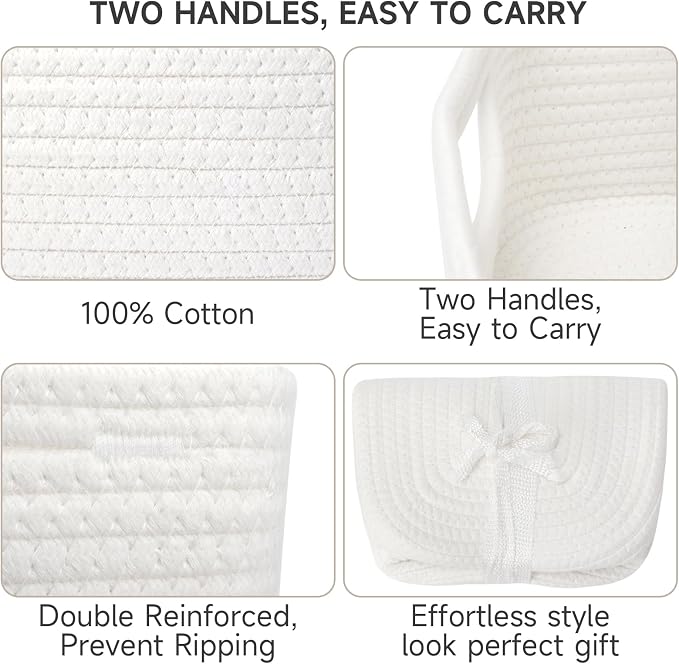 3-Pcs Shelf Baskets for Organizing, Closet Organizer Bins, Small Woven Baskets, Rope Toy Basket, Storage Basket for Shelves, Cube Decorative Box, 11.8×7.8×5.1”, White