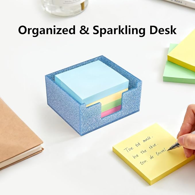Acrylic Sticky Note Holder 4x4in Tray for Desk, Blue Glitter | Sparkling glitter acrylic tray, fits 3x3 sticky notes, compact organizer for office school and home