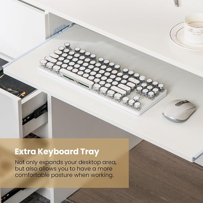 DREAMADE 42" Computer Desk with 3 Drawers and Keyboard Tray, White | Wood Study Desk with Storage, Built-in Charging Station & Slide Out Tray, Writing Table for Home Office Studyroom & Bedroom