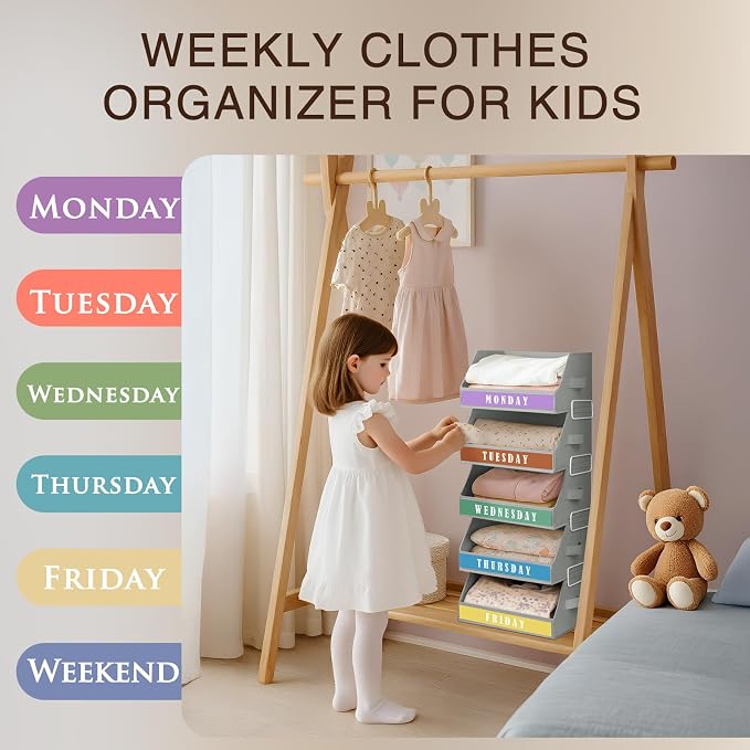 Homsorout Closet Organizers and Storage - 5 Tier Shelf Organizer with Weekly Labels, Stackable Storage Bins with Metal Frame, Foldable Cube Bins, Home Baskets for Kids and Adults, Grey