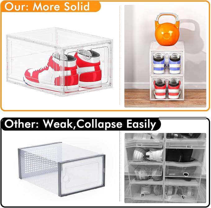 ARSTPEOE 12-Pack Shoe Storage Boxes Clear Magnetic Stackable | Upgraded Harder Material, Stackable Space-saving, Fits Sneakers & Boots, Clear Magnetic Front Door