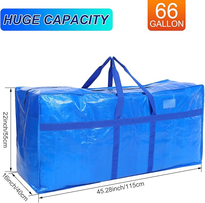2 Pcs 66 Gallon Extra Large Moving Bags Storage Bags with Zipper and Handles Heavy Duty Duffle Bag Foldable Tote Bag for College Dorm Travel Clothes Blankets Bedding Moving (Blue)