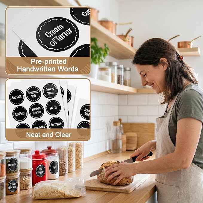 Aixoom 144PCS Spice Labels Stickers for Spice Rack, Preprinted Black Handwritten Words, 1.5in Round Labels for Spice Organize Storage Jars Boxes Bottles