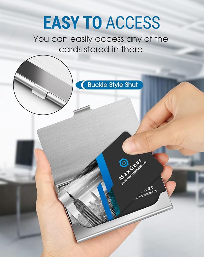 MaxGear Stainless Steel Business Card Holder, Slim Card Case, Silver Mirror | Soft Interior Lining, Buckle Closure, Fits Standard Business Cards and Credit Cards