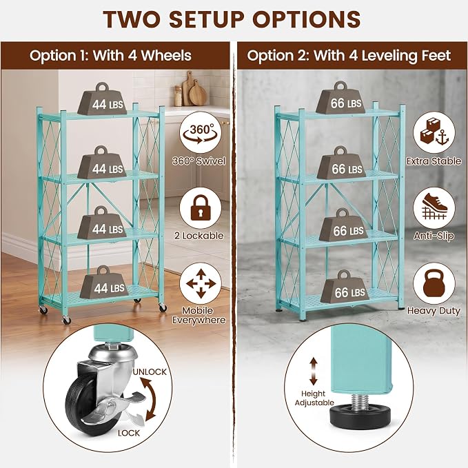 ALANNG 4 Tier Folding Storage Shelf on Wheels,Heavy Duty Metal Rolling Cart | 264 lbs Capacity, No Tools Assembly, Folds to 3.9", Lockable Casters, Portable for Kitchen Laundry Garage