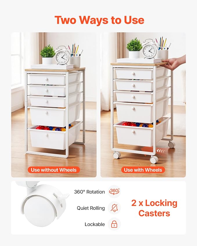 VEVOR Rolling Cart with Drawers, 5 Drawer Storage Organizer, Mobile Utility Cart with Wood Top, Steel Frame, Universal Casters & 2 Brakes, for Office, Classroom, Craft Supplies, Bedroom, Makeup, White
