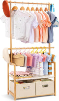 Bamboo Kids Clothing Rack: Holds Up To 121 Lbs of Dress-Up Clothes | 2 Adjustable Hanging Rods & 2 Storage Baskets With Shelf. Child Garment Holder for Playroom & Toddler Bedroom (Natural)