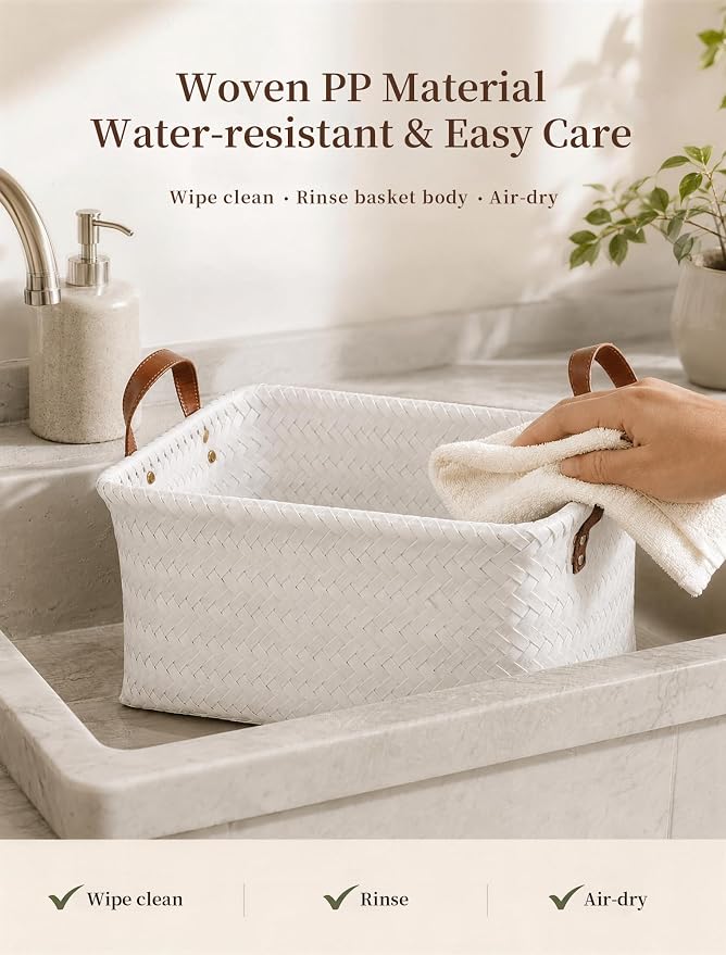 Hand Woven Baskets for Storage, 4Pcs Water-Resistant Wicker Baskets, White Wicker Storage Baskets for Shelves, Large Basket with Handle for Organizing, Clothes, Laundry, Blanket - Rectangular