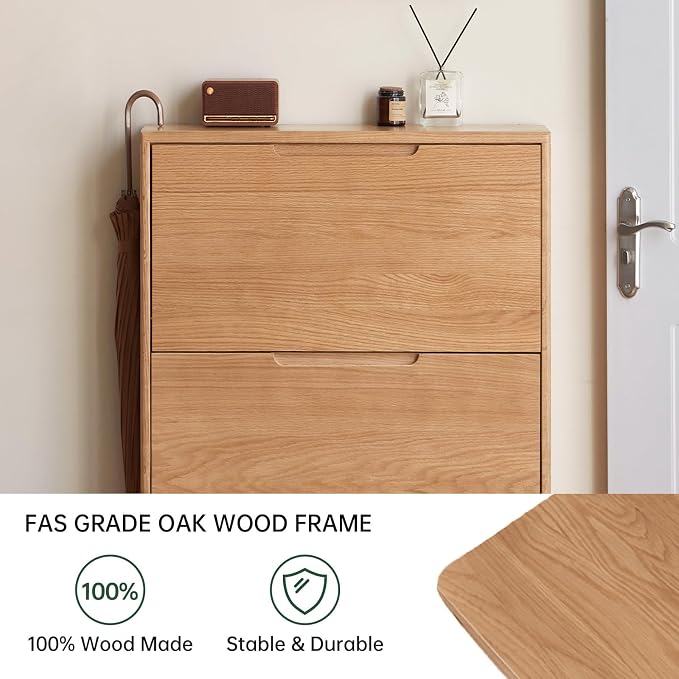 Fully-Assembled Oak Shoe Cabinet with 3 Flip Drawers, Solid Wood Shoe Storage Cabinet, Narrow Shoe Organizer for Entryway, 7.9" x 33.5" x 45.7", Oak Wood, Natural