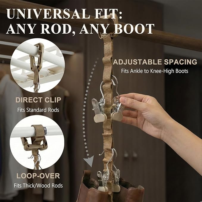 WVX Boot Hangers for Closet (2 Pack) - Vertical Boot Storage Organizer with 8 Non-Marking Clips for Hanging - Adjustable Strap Holder for Tall Boots, Over The Knee & Riding Boots