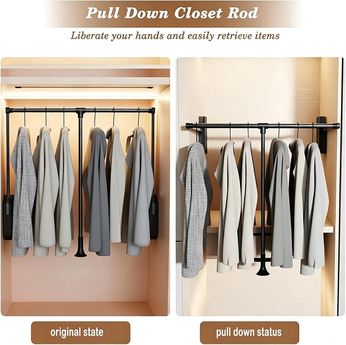 Black 35"-48" Pull Down Closet Rod Stainless Steel 60lbs Load Capacity | Heavy Duty Adjustable Hanging Closet Rod,Side & Back Mounted Black Pneumatic Closet Valet Rod for Wardrobe