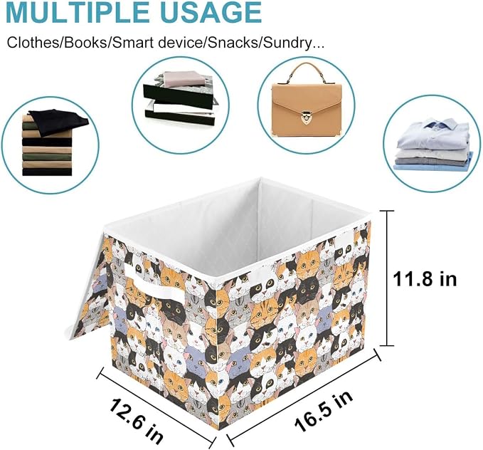 CaTaKu Large Fabric Storage Bins With Lids, Animal Cats Head Storage Boxes With Handles for Organizing Clothes, Collapsible Storage Cube Bins Baskets for Shelves