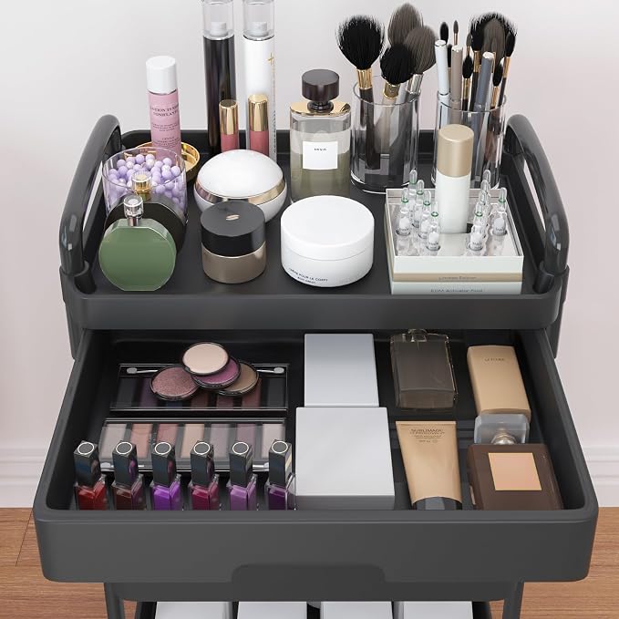 Calmootey 3-Tier Rolling Utility Cart with Drawer,Multifunctional Storage Organizer with Plastic Shelf & Metal Wheels,Storage Cart for Kitchen,Bathroom,Living Room,Office,Black | Space-Saving Organizer, Sturdy Plastic Shelves, Smooth-Rolling Metal Whee...