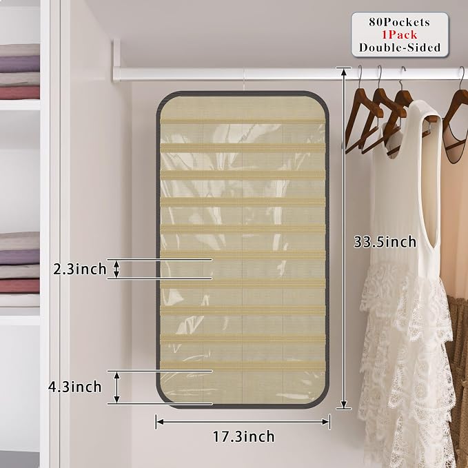 Hanging Jewelry Organizer, 80-Pocket Double-Sided Storage, 1-Pack, Black and Beige