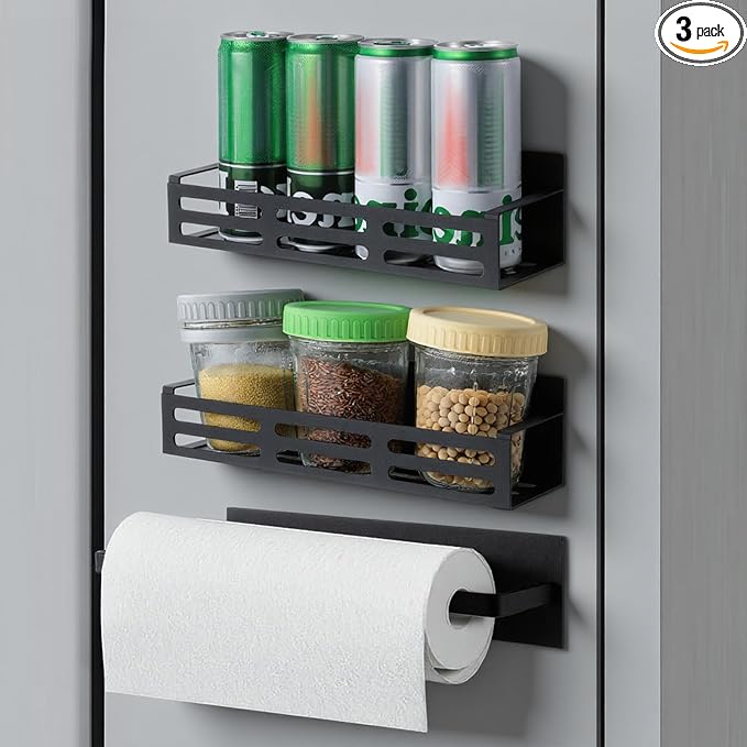 3 Pack Magnetic Spice Rack for Refrigerator with Paper Towel Holder, Black Rustproof Fridge Organizer, Strong Magnetic Kitchen Storage Shelves