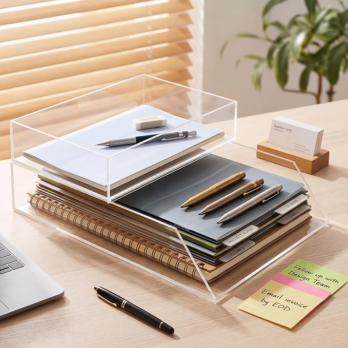 Novabright Acrylic Desk Organizer Letter Tray Set of 2, Tabletop Desktop File Holder for Storage Paper Letters Folders Notebooks, Clear Stackable Paper Tray for Office Copy Print