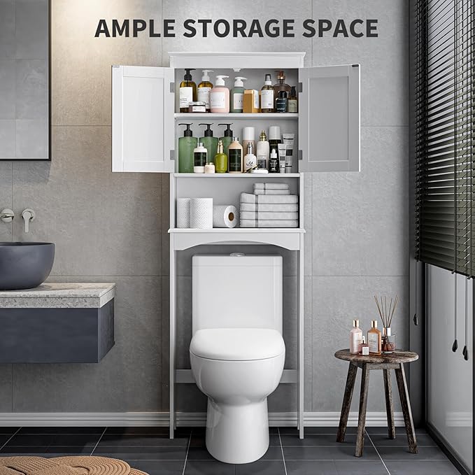 Bealife Over The Toilet Storage Cabinet with Open Shelf - White | Over Toilet Bathroom Organizer with Adjustable Shelf and Double Doors, Space Saver Free Standing Storage Shelf for Bathroom