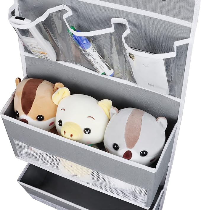 Univivi Door Hanging Organizer Nursery Closet Cabinet Baby Storage with 4 Large Pockets and 3 Small PVC Pockets for Cosmetics, Toys and Sundries with Gift Box (Grey)