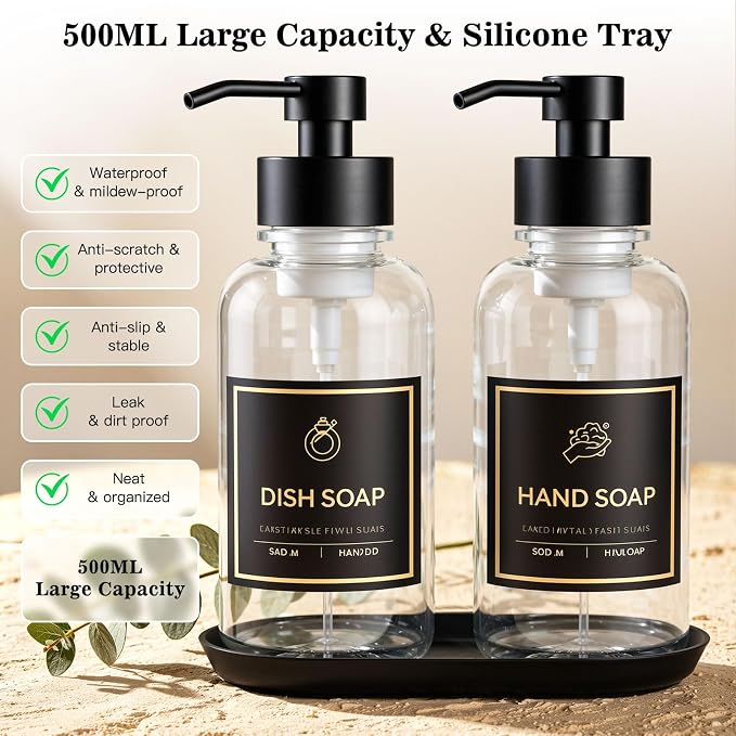 16.9 Oz Clear Glass Foaming Soap Dispenser, 2 Pack(Clear) | Refillable Hand & Dish Soap Pump, With Silicone Tray & 8 Waterproof Labels, For Bathroom & Kitchen，Perfect Housewarming Gift