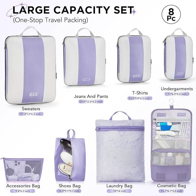 OlarHike 8 Set Compression Packing Cubes for Travel Essentials,Compressible Expandable Space Saver Bags for Organizing Clothes,Luggage Suitcase Garment Bags with Over 1000 pcs Mesh Holes(Purple Gray)