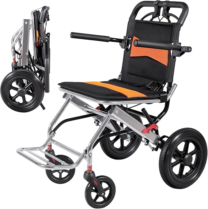 Ultra Lightweight Foldable Wheelchair, Only 19.8 lbs, Airline Approved, 300 lbs Capacity, One-Second Fold, All-Terrain Wheels, Compact Transport Chair for Adults Seniors (Black-Orange)