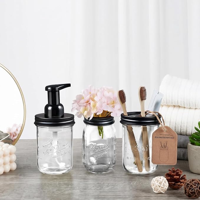 SheeChung Mason Jar Foaming Soap Dispenser, Glass Foaming Hand Soap Dispensers, Stainless Steel Lid, Refillable Foam Soap Dispenser for Bathroom Kitchen, Farmhouse Bathroom Decor (2 Pack, Black)