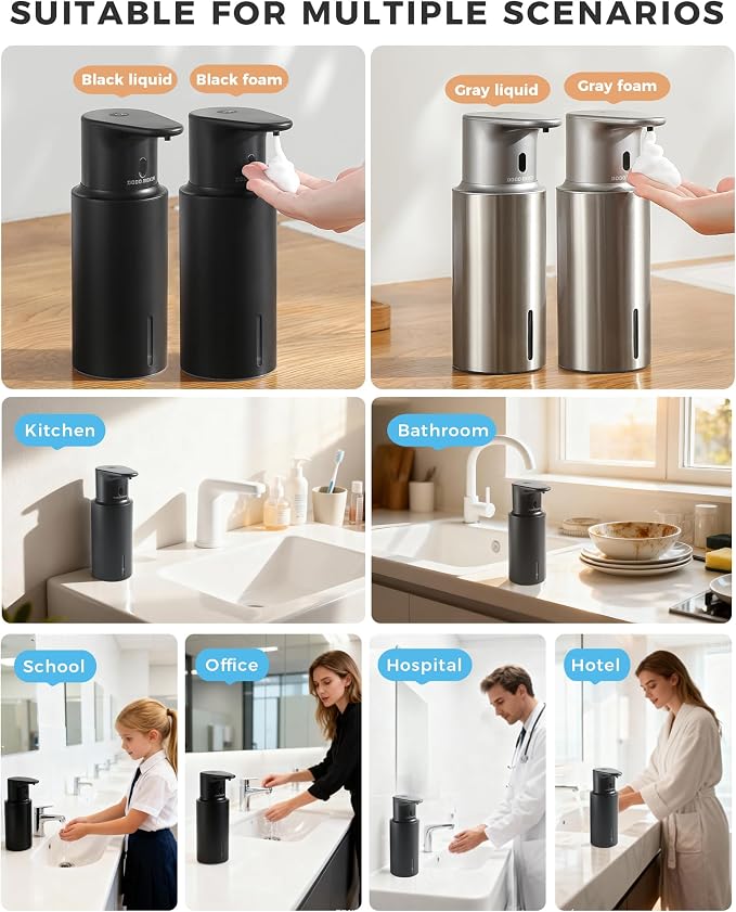 Automatic Foaming Soap Dispenser Touchless, 304 Stainless Steel Bottle Body | 16.2oz/480ml,USB Rechargeable, 3 Adjustable Liquid Levels, IPX7 Waterproof, for Kitchen Bathroom, Black