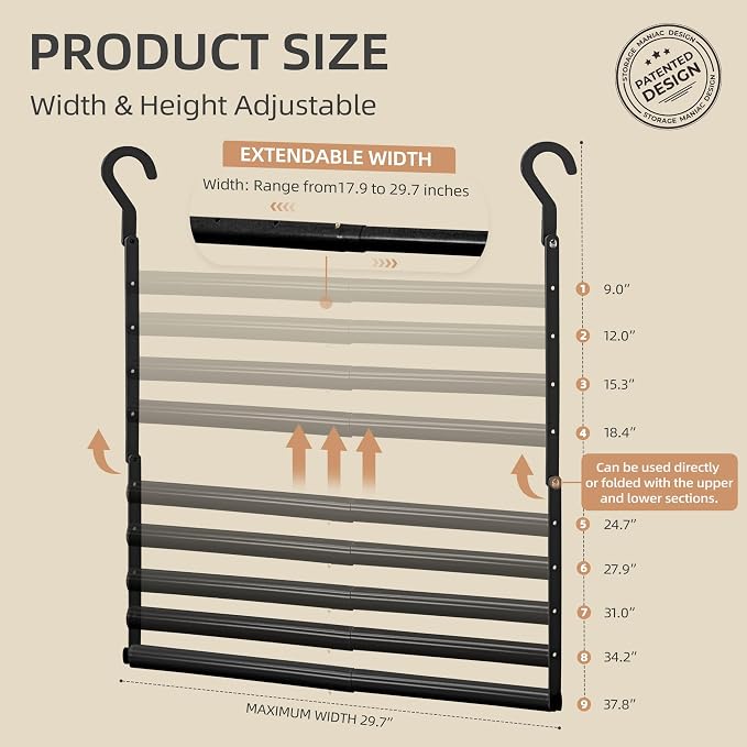 STORAGE MANIAC Adjustable Closet Rod for Hanging Clothes, 2 Pack Black | Expandable 17.9"-29.7" Heavy-Duty Metal Closet Hanging Rod with 9 Height Adjustments, Space-Saving Double Closet Organizer
