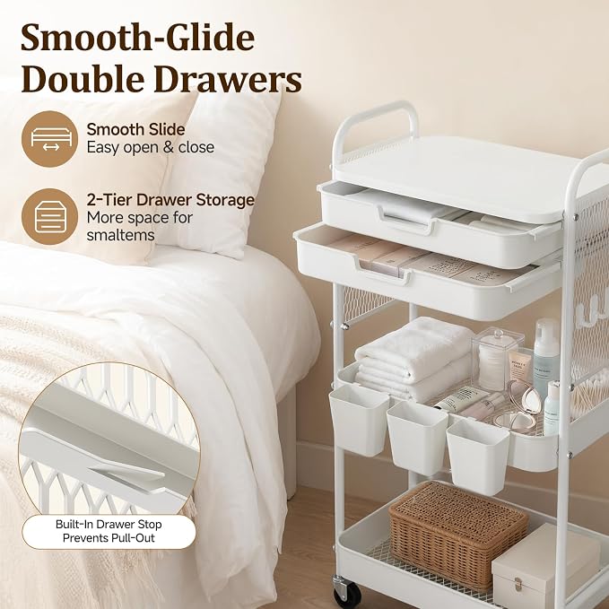 3 Tier Rolling Cart with 2 Drawers, Metal Utility Storage Carts with Wheels | Kitchen Rolling Cart 4.5" Deep Basket, Mesh Side Panel with 3 Cups, 4 Hooks for Office, Bedside, Craft Storage Cart