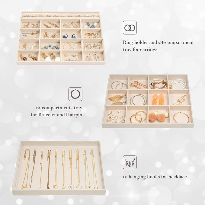 ProCase Stackable Large Jewelry Drawer Organizer, 3 Pack Velvet Jewelry Organizer Tray with Removable Dividers for Earring Necklace Bracelet -Beige