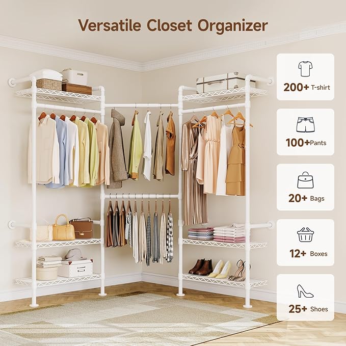 L3 Wall Mounted Metal Pipe Closet System Heavy Duty Corner Garment Rack | Max Load 950LBS with 4 Telescopic Rods & 6 Wire Shelves Black Industrial Modular Clothing Clothes Rack Wardrobe Closet