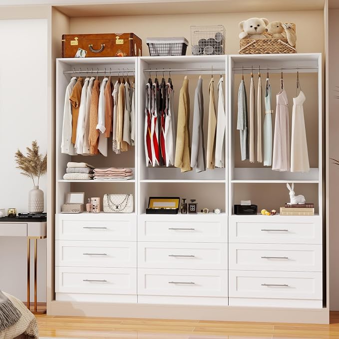 Closet System with 9 Drawers, Modular Closet Organizer System with 6 Hanging Rod, Custom Closet Storage System for Small Walk-in Closet, 3 Sets,White (6FT)