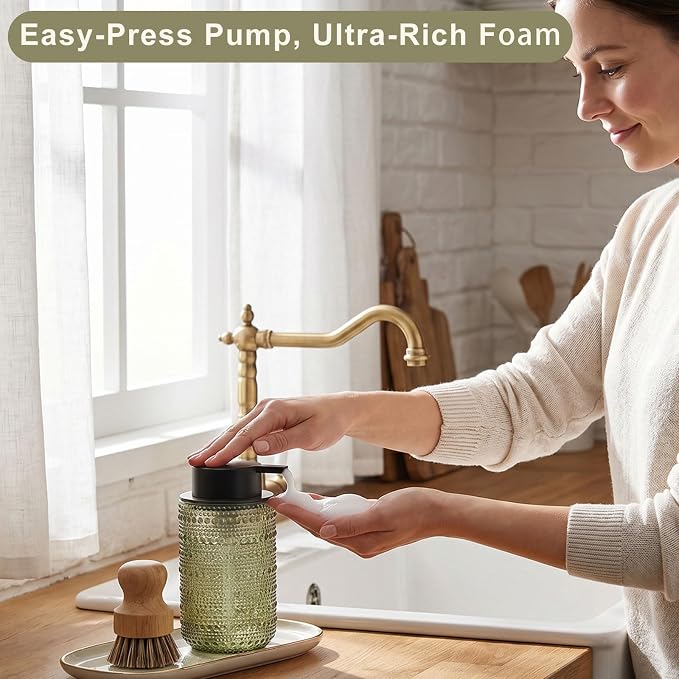 Green Glass Foaming Soap Dispenser, 2 Pack Vintage Foam Hand Soap Dispenser, 14 OZ Hobnail Texture Foam Dispenser with Black Pump for Bathroom, Kitchen, Refillable, Nordic Modern Farmhouse Decor ﻿