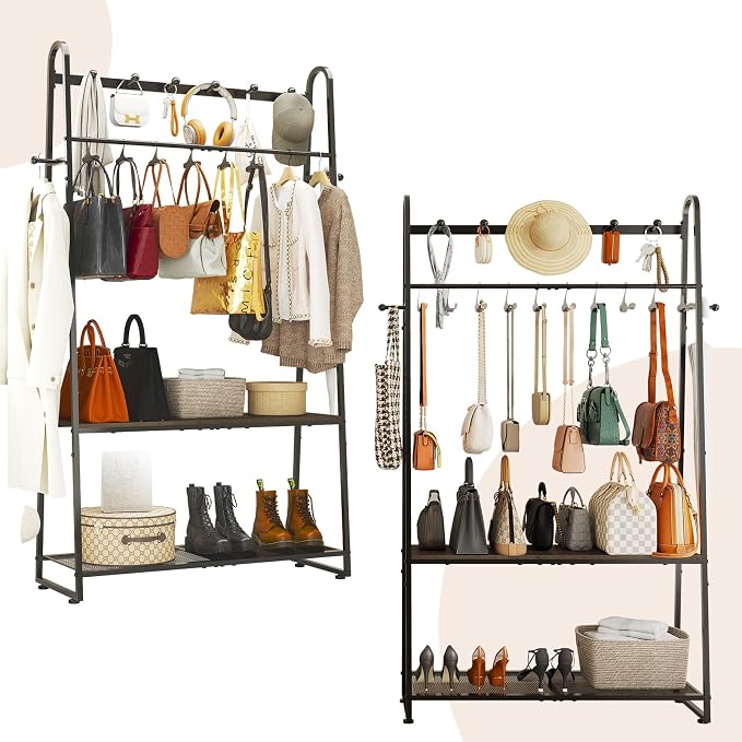 KAFAHOM Purse Organizer for Closet, Purse Rack - Tall Purse Shelf with 8 Hooks & 10 Removable Hangers to Hold Handbags, Backpacks, Pocketbooks., Perfect Purse Display Stand & Storage Tree,Black