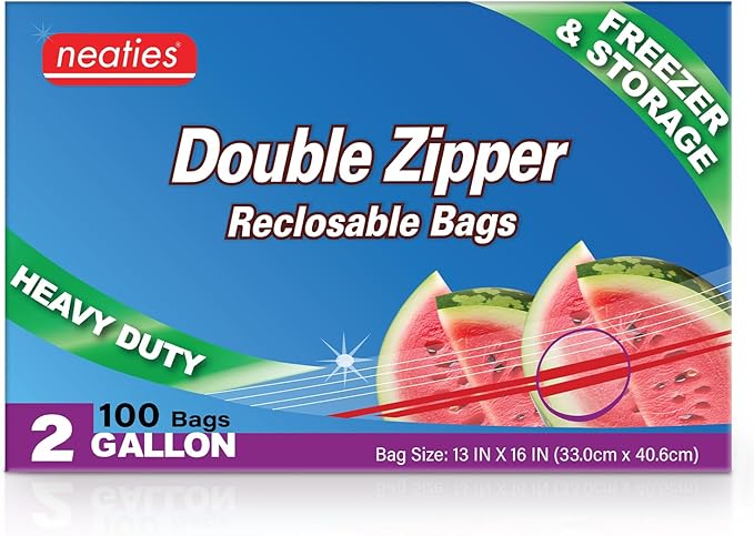 Neaties 2 Gallon Resealable Bags – XL Heavy Duty Freezer Bags with Dual Zipper – 13x16" Extra Large with Writable Space for Kitchen or Home Storage – BPA-Free Food Grade Plastic – 100 Pack