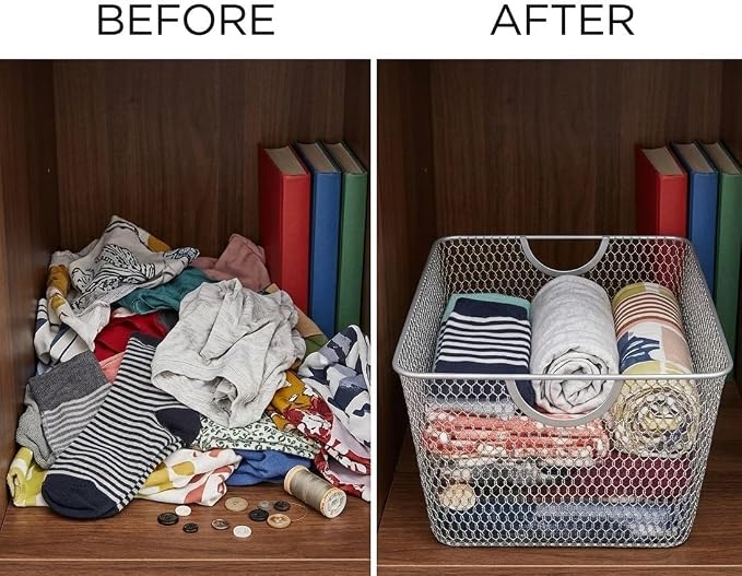 YBM Home Kitchen Pantry Organizer Wire Basket for Shelves, Cabinets, Pantry, Countertop, Mesh Open Storage Bin Metal Basket for Organizing Food Supplies 10” x 9” x 6”, Pack of 2, Silver