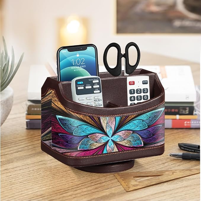 360° Rotating Remote Control Holder, PU Leather TV Remote Caddy, Pen Holder | Nightstand Organizer Storage Box with 5 Compartments for Pencil, Art Supplies, Makeup Brush, Office Desk Table Accessories