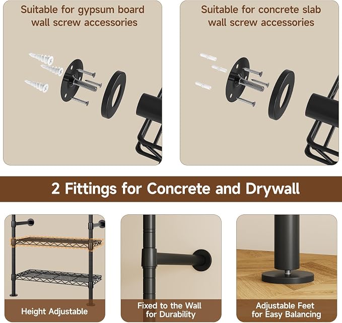 U5 Wall Mounted Closet System, Industrial Pipe Clothing Rack Garment Racks for Hanging Clothes, Heavy Duty Closet Organizers System in Wardrobe Closet, Black