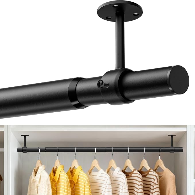 Supforce Closet Rods for Hanging Clothes, 17 to 28 Inches Ceiling Mounted Stepless Adjustable Closet Hanging Rod, 1.3 Inch Heavy Duty Hanging Clothes Rod for Closet Wardrobe Laundry RV (Black)