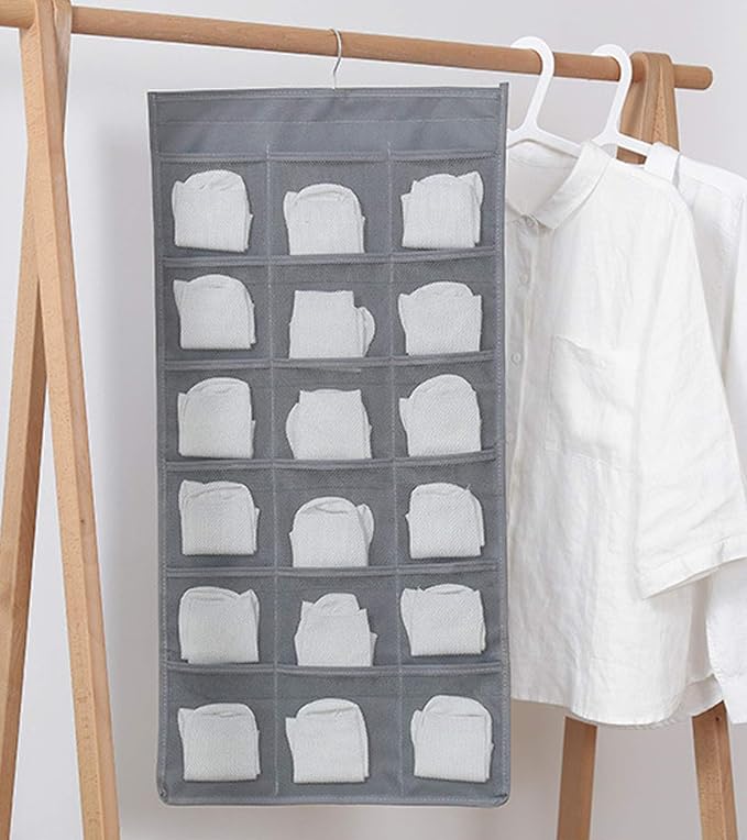 Bra and Underwear Hanging Storage Organizer Mesh Pockets Dual Sided Wall Shelves Space Saver Bag Sock Underpants Drawer Closet Clothes Rack (Gray:(6+18pockets))