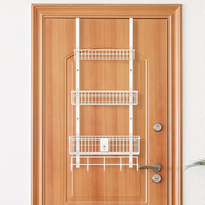 OYEAL 3-Tier Over the Door Hooks Organizer Metal Door Back Baskets | Heavy Duty Hanging Door Storage Organizer with 3 Baskets, 5 Hooks for Kitchen, Bathroom, Office, White