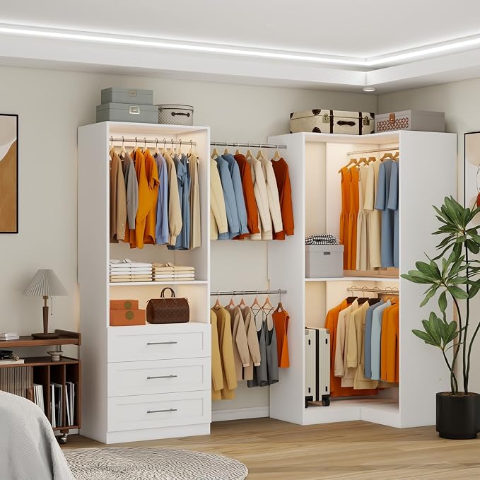 Closet System with 3 Wooden Drawers, 4.5-6FT Corner Closet Organizer System for Walk in Closet, Heavy Duty Modular Closet Systems, Built-in Shelving System with 5 Hanging Rods, 2-Piece Set