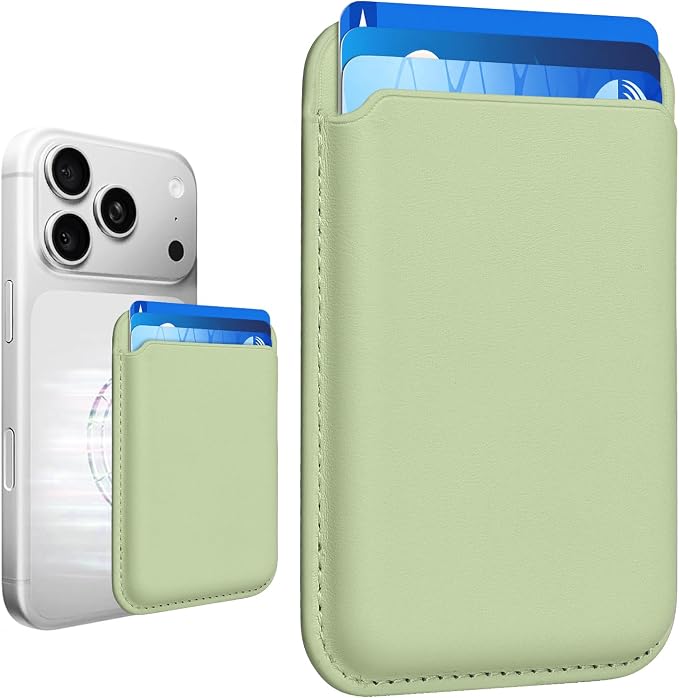 Magnetic Wallet Phone Card Holder for Phone Case with Mag-Safe, Stronger Magnetic RFID Leather Phone Wallet Stick on Series of iPhone 17/16/15/14/13/12 and Pro/Promax, Matcha Green