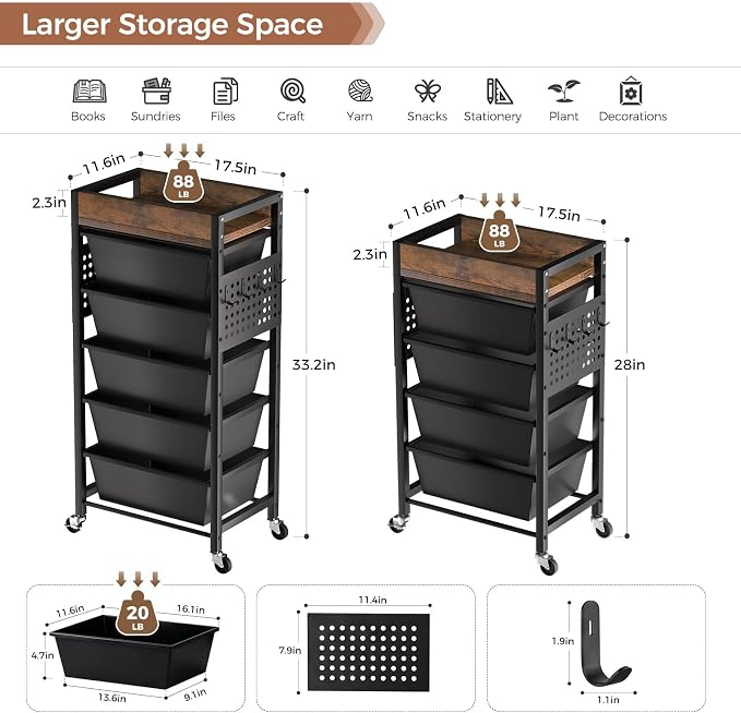 5 Tier Rolling Cart with Drawers, Plastic Drawer Storage Craft Cart with Pegboards & Hooks, Metal Utility Cart with Wheels & Wooden Tabletop, Classroom Office Art Supply Organizers and Storage, Black