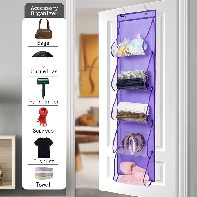 Over Door Hanging Purse Organizer Handbags Holder with 5 Easy Access Pockets Organizer Storage for Towel Scarf Umbrella (Purple)