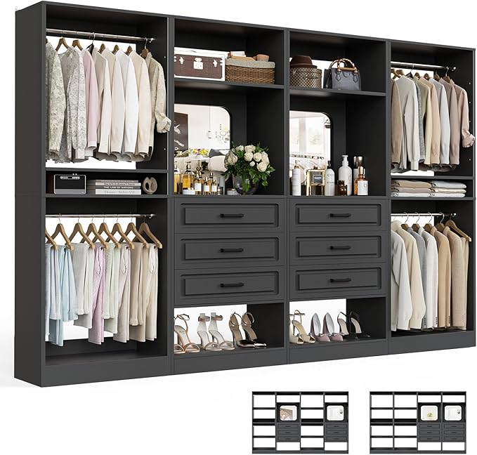 Unikito Closet System with Drawers, 100” Wood Closet Organizer with Hanging Rods and Mirror, Large Walk in Wardrobe Garment Rack with Adjustable Shelves, Sturdy Freestanding Closet Tower, Black