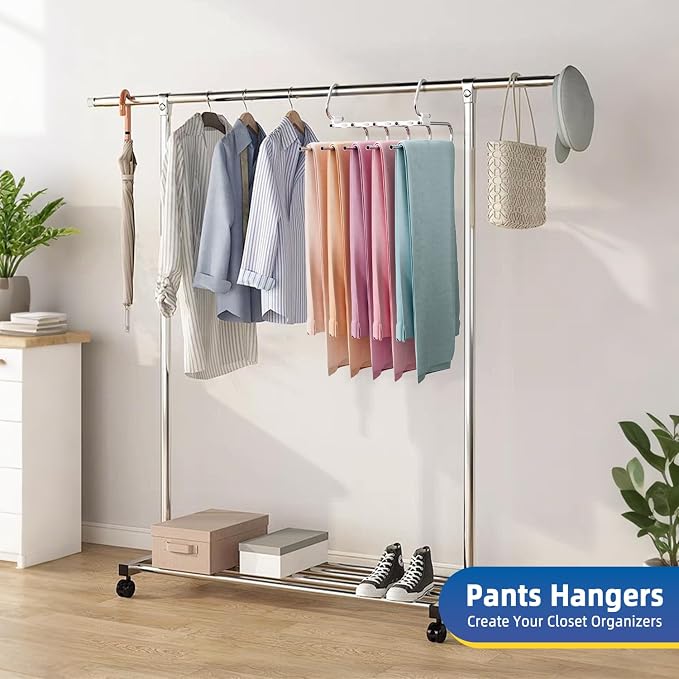DAMITA Pants Hangers Space Saving - 2 Pack 5 in 1 Layers No Need Installation - Stainless Steel Metal Jeans Hangers - White Closet Organizers and Storage Anti-Slip Design for Pants Scarf Legging