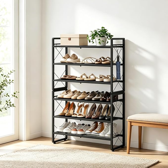 ELYKEN Shoe Rack, 6-Tier Expandable Shoe Organizer for Closet, Metal Black Shoe Shelf with 8 Hooks, Adjustable Shoe Stand Holder for Entryway, Garage, Door Entrance