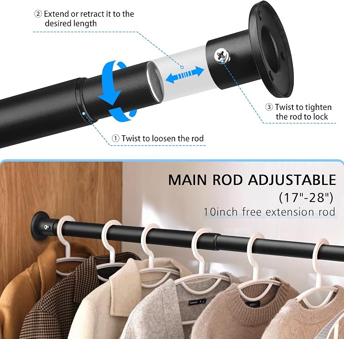Closet Rods For Hanging Clothes, 17-76 Inch Adjustable Closet Rod, Stainless Steel Heavy Duty Closet Hanging Rod-Black